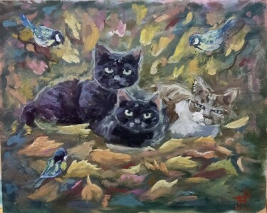 Painting titled "3 little cat" by Anna Berlinskaia, Original Artwork, Oil