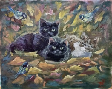 Pintura intitulada "3 little cat" por Anna Berlinskaia, Obras de arte originais, Óleo