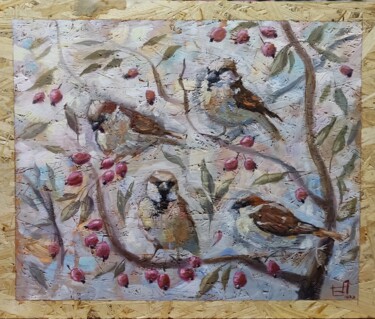 Painting titled "4 little birds" by Anna Berlinskaia, Original Artwork, Oil