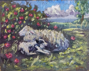 Schilderij getiteld "Sheep and border co…" door Anna Berlinskaia, Origineel Kunstwerk, Olie