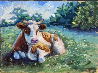 Schilderij getiteld "Cow and 3 little bi…" door Anna Berlinskaia, Origineel Kunstwerk, Olie