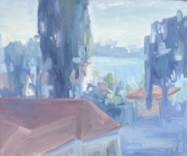 Painting titled "blue seaside" by Anna Bogushevskaya, Original Artwork, Oil