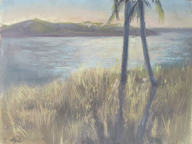 Tekening getiteld "Two palms, sunrise" door Anna Bogushevskaya, Origineel Kunstwerk, Pastel