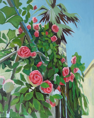 Painting titled "Landscape with roses" by Anna Bogushevskaya, Original Artwork, Oil