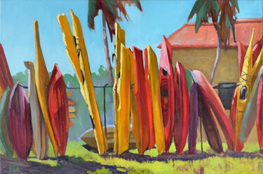 Painting titled "Yellow boats" by Anna Bogushevskaya, Original Artwork, Oil Mounted on Wood Stretcher frame