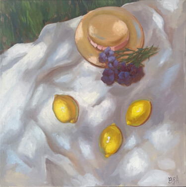 Painting titled "hat with lemons and…" by Anna Bogushevskaya, Original Artwork, Oil