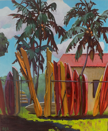 Peinture intitulée "Coloured kayaks" par Anna Bogushevskaya, Œuvre d'art originale, Huile