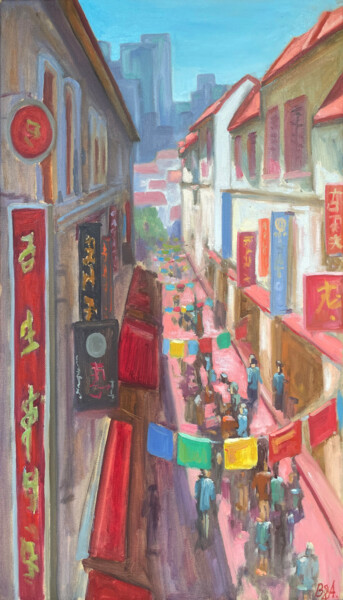 Painting titled "China town" by Anna Bogushevskaya, Original Artwork, Oil