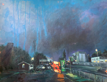 Painting titled "Little city storm" by Anna Bondar, Original Artwork, Oil