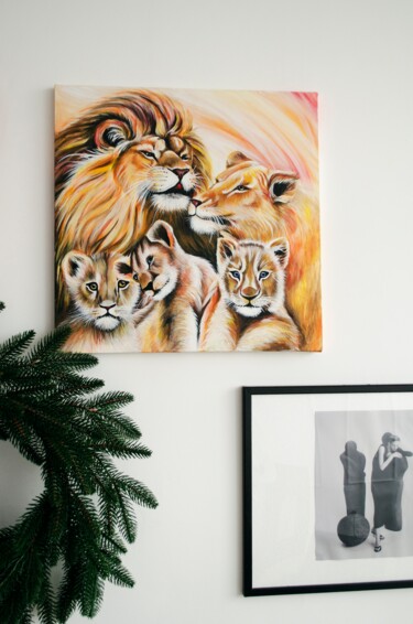 Painting titled "lion family" by Anna Borsevskaa, Original Artwork, Acrylic Mounted on Wood Stretcher frame