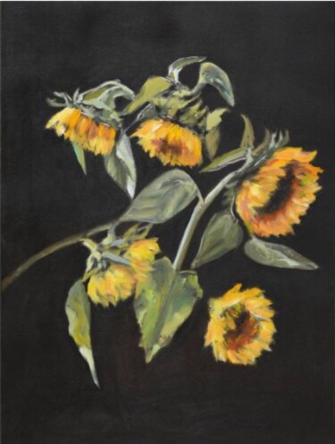 Painting titled "Sunflowers on the d…" by Anna Brazhnikova, Original Artwork, Oil Mounted on Wood Stretcher frame