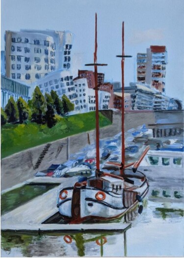 Painting titled "MARINA DUSSELDORF,…" by Anna Brazhnikova, Original Artwork, Oil Mounted on Wood Stretcher frame