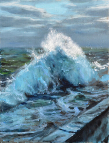 Painting titled "Crashing waves real…" by Anna Brazhnikova, Original Artwork, Oil Mounted on Wood Stretcher frame