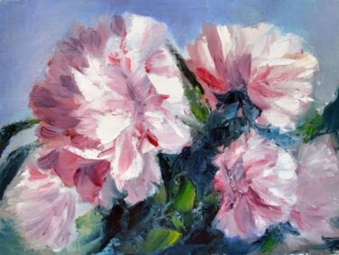 Painting titled "Rose peonies" by Anna Brazhnikova, Original Artwork, Oil Mounted on Wood Stretcher frame