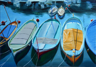 Malerei mit dem Titel "Boats in Nice" von Anna Brazhnikova, Original-Kunstwerk, Öl Auf Keilrahmen aus Holz montiert