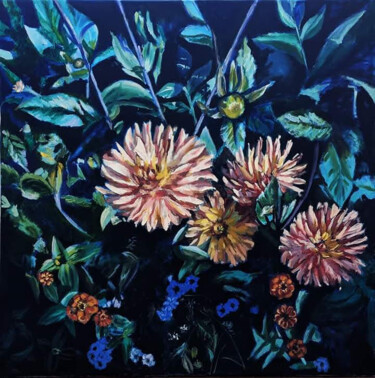 Painting titled "Dahlias" by Anna Brazhnikova, Original Artwork, Oil Mounted on Wood Stretcher frame