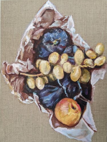 Painting titled "Figs, dates and a p…" by Anna Brazhnikova, Original Artwork, Oil Mounted on Cardboard