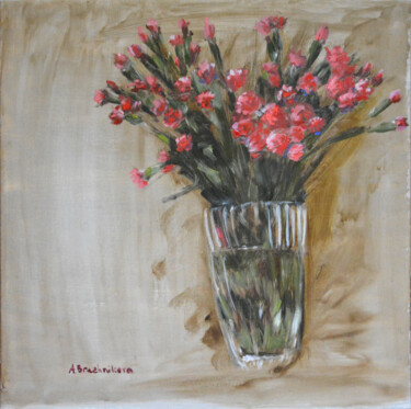Painting titled "Pink Flowers In Vas…" by Anna Brazhnikova, Original Artwork, Oil Mounted on Wood Stretcher frame