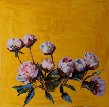 Painting titled "Peonies on the gold…" by Anna Brazhnikova, Original Artwork, Oil Mounted on Wood Stretcher frame
