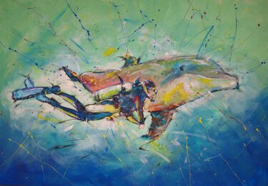 Malerei mit dem Titel "Plongeur et dauphin" von Anna Corta, Original-Kunstwerk, Acryl Auf Keilrahmen aus Holz montiert