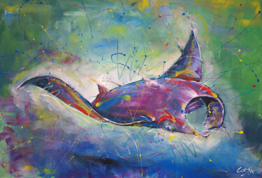 Painting titled "Raie Manta" by Anna Corta, Original Artwork, Acrylic Mounted on Wood Stretcher frame