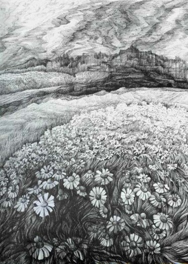 Dessin intitulée "Spring field of flo…" par Anna Duyunova, Œuvre d'art originale, Autre