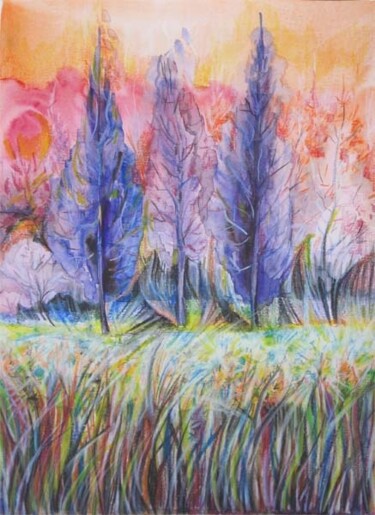Drawing titled "Blue poplars" by Anna Duyunova, Original Artwork, Other