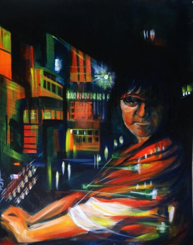 Painting titled "Night City.Self Por…" by Anna Duyunova, Original Artwork, Oil