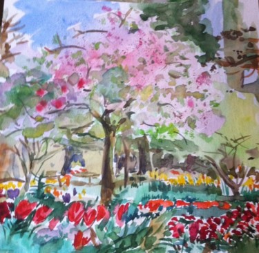 Pintura titulada "Les cerisiers en fl…" por Anna Filimonova, Obra de arte original, Acuarela