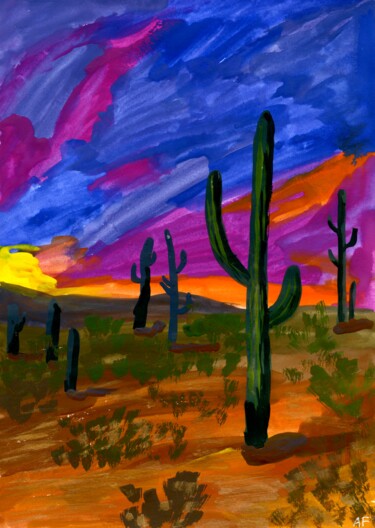 Schilderij getiteld "Sunset on desert" door Anna Filippova, Origineel Kunstwerk, Gouache