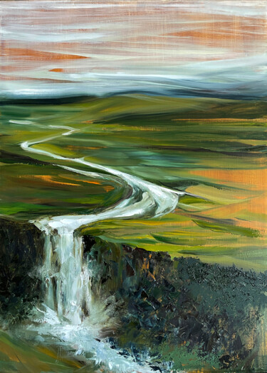 Painting titled "WATERFALLS OF ICELA…" by Anna Gurechkina, Original Artwork, Oil Mounted on Wood Stretcher frame