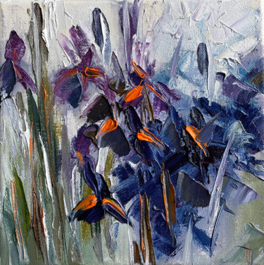 Painting titled "IRISES" by Anna Gurechkina, Original Artwork, Oil Mounted on Wood Stretcher frame