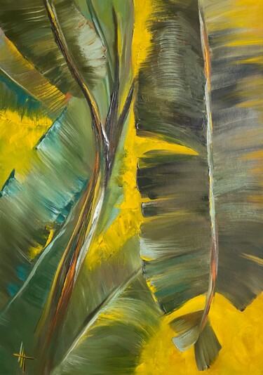 Painting titled "Banana grass" by Anna Gurechkina, Original Artwork, Oil Mounted on Wood Stretcher frame