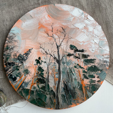 Painting titled "PINE SKY" by Anna Gurechkina, Original Artwork, Oil Mounted on Wood Stretcher frame