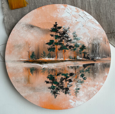 Painting titled "PINE REFLECTION" by Anna Gurechkina, Original Artwork, Oil Mounted on Wood Stretcher frame