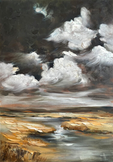 Painting titled "CLOUDS" by Anna Gurechkina, Original Artwork, Oil Mounted on Wood Stretcher frame