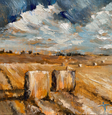 Painting titled "HAYSTACKS" by Anna Gurechkina, Original Artwork, Oil Mounted on Wood Stretcher frame