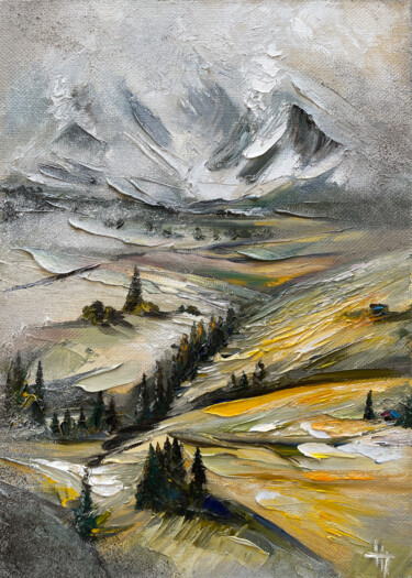 Painting titled "FIELDS IN THE MOUNT…" by Anna Gurechkina, Original Artwork, Oil Mounted on Wood Stretcher frame