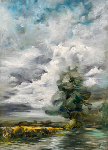 Painting titled "WIND" by Anna Gurechkina, Original Artwork, Oil Mounted on Wood Stretcher frame