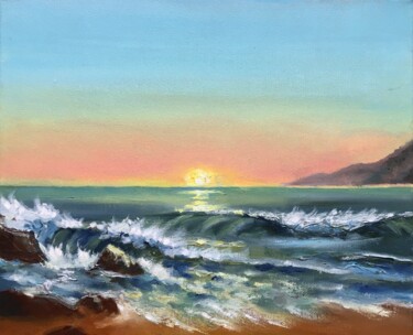 Painting titled "Sunset at Sea" by Anna Inozemtseva, Original Artwork, Oil Mounted on Wood Stretcher frame