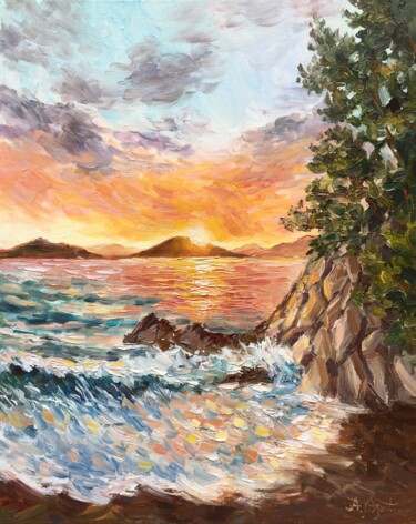 Painting titled "Colorful Seascape" by Anna Inozemtseva, Original Artwork, Oil Mounted on Wood Stretcher frame