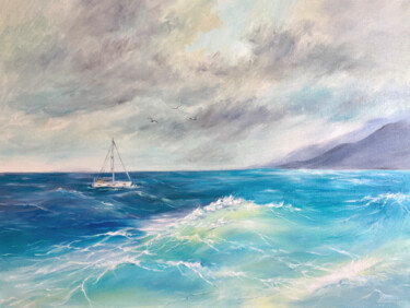 Painting titled "Sailboat in the Sea" by Anna Inozemtseva, Original Artwork, Oil Mounted on Wood Stretcher frame