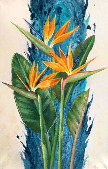 Malerei mit dem Titel "Strelitzia Flower" von Anna Inozemtseva, Original-Kunstwerk, Öl Auf Keilrahmen aus Holz montiert