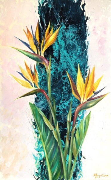 Painting titled "Bird of Paradise Fl…" by Anna Inozemtseva, Original Artwork, Oil Mounted on Wood Stretcher frame