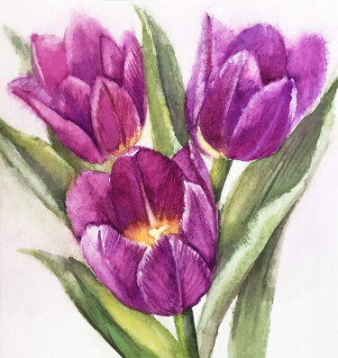 Pintura intitulada "Bouquet of Tulips" por Anna Inozemtseva, Obras de arte originais, Aquarela