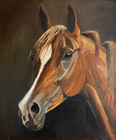 Painting titled "Koń Kasztan | Horse…" by Anna Irena Grabowska, Original Artwork, Oil