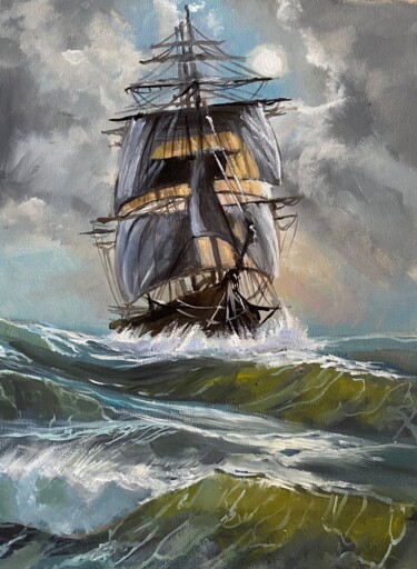 Peinture intitulée "Statek | Ship" par Anna Irena Grabowska, Œuvre d'art originale, Huile Monté sur Châssis en bois