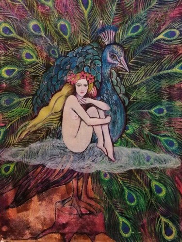 Картина под названием "Девушка и павлин/Gi…" - Anna Kluyeva, Подлинное произведение искусства, Акварель
