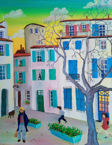 Painting titled "Le vieux Marseille" by Anna-Karin Eriksson Van Haver, Original Artwork, Oil Mounted on Wood Stretcher frame