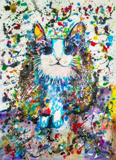 Malerei mit dem Titel "Star cat" von Anna Kirsanova, Original-Kunstwerk, Aquarell
